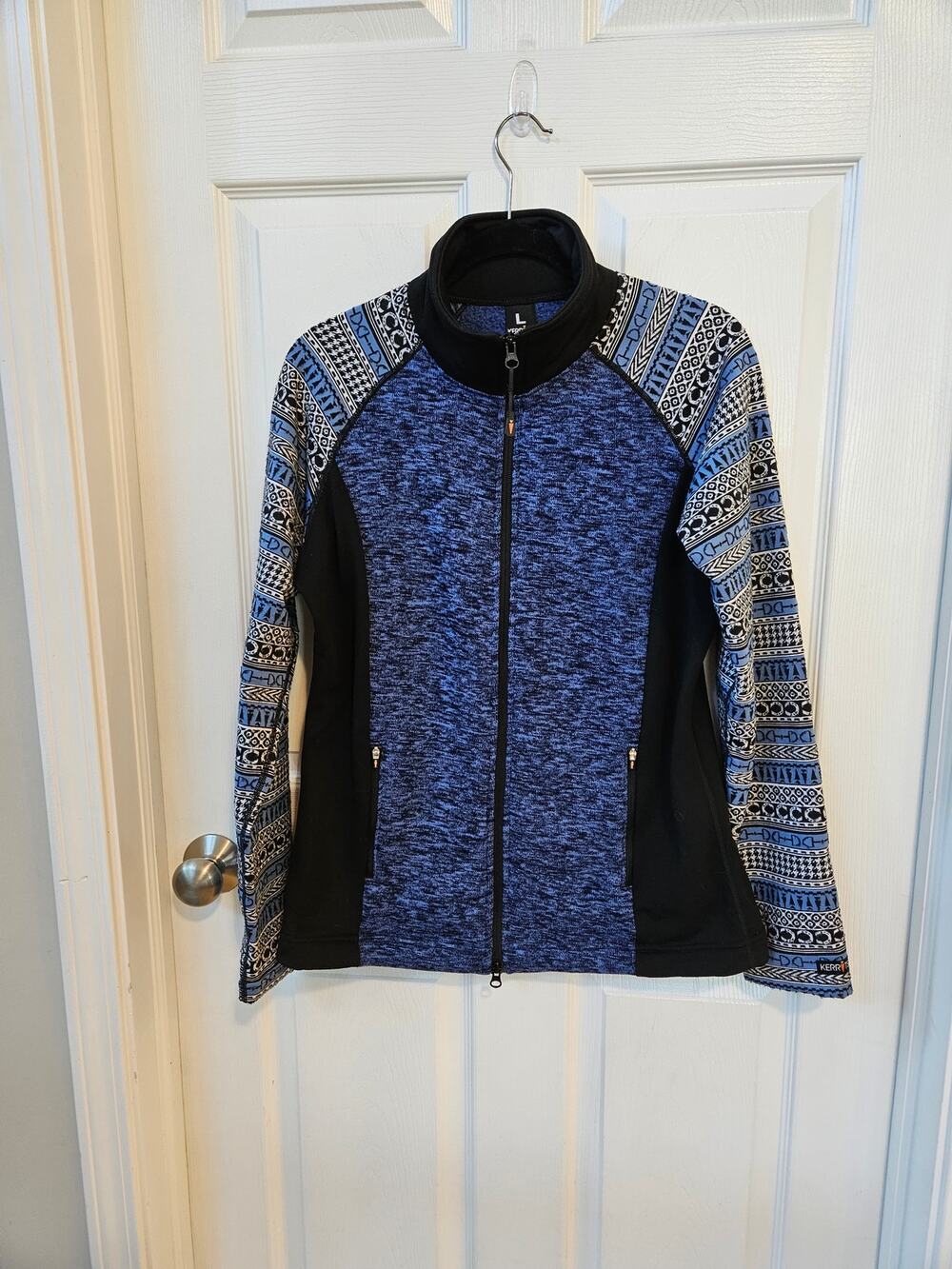 Kerrits Women's Large Blue Equestrian Full Zip Fleece Jacket Horse Bit Print